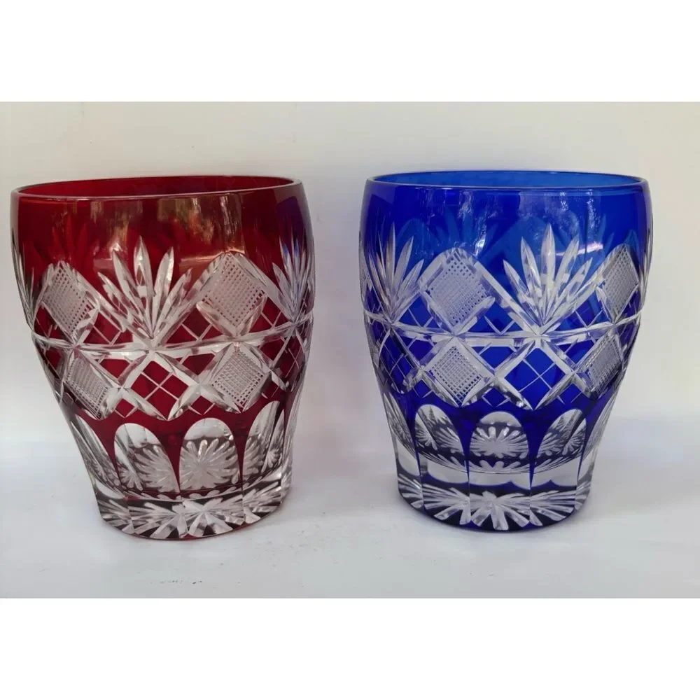 Pair of Edo Kiriko Glass Tumbler Cut to Clear in Ruby and Cobalt / Japan